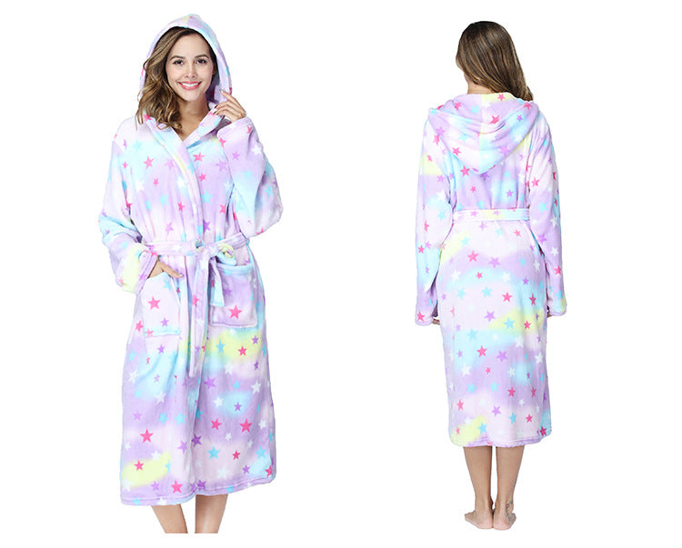 Wholesale Flannel Print Rainbow Hooded Big Pockets Autumn and Winter Long Couple Pajamas